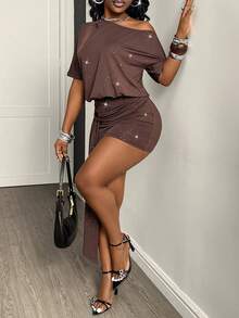 Loose Fit Oblique Shoulder Bodycon Drape Metal Ring Detail T-Shirt Dress, Elegant For Party, Beach, Evening Date, Vacation, Streetwear Summer - Coffee Brown - View 4