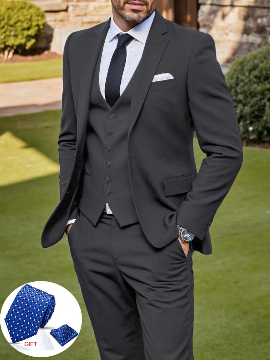 Men's Suit 4 Piece Set Black With Tie Slim Fit One Button Business Suits With Adjustable Single Breasted Vest & Flat Front Pants For Wedding, Prom, Job Interview Attire (Blazer+Vest+Pants) (XS-3XL) - Black with Tie - 查看 1