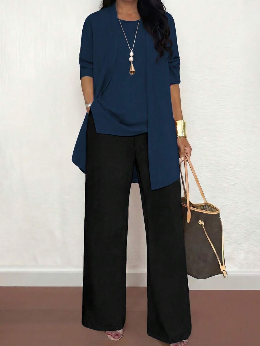 三件套加大码女式休闲纯色套装：外套/开衫 + 圆领无袖上衣 + 松紧腰直筒裤，柔软弹力面料，宽松版型，舒适通勤，适合春/秋/冬，优雅夏季穿着 - 淺藍色+黑色 - 查看 1