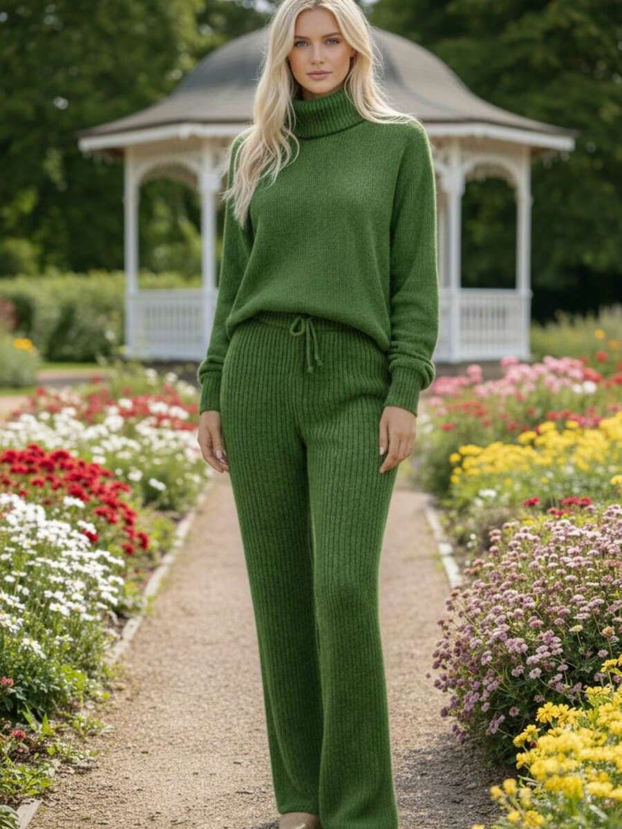 Cacharrel Mousse Knit Turtleneck Top And Trousers Set - Verde - View 1