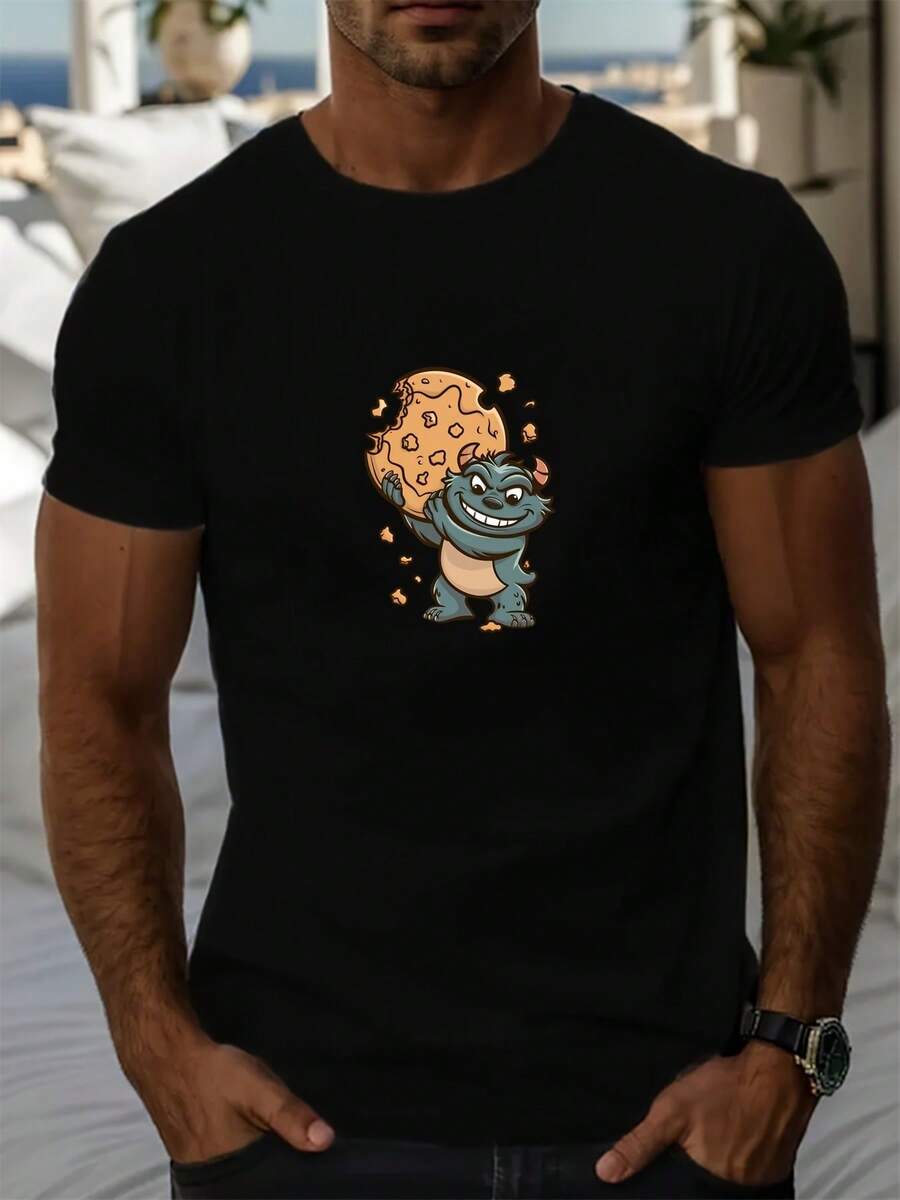 1 pcs Cartoon Letter graphic print Playeras Hombre 180g 100% Algodon Cuello Redondo Casual Men's Skull Art Graphic T Shirt