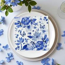 20pcs Blue Flower And Butterfly Printed Disposable Paper Napkins, 13inch, 2-Ply, Wedding Deco Party Napkins, Suitable For Valentine's, Birthday, Outdoor Gatherings, Restaurant, Hotel, Festive Disposable Party Supplies, Floral Paper Napkins - Hot - View 1