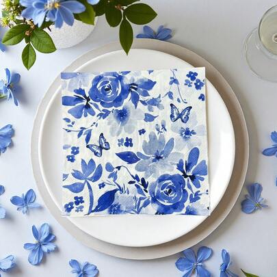 20pcs Blue Flower And Butterfly Printed Disposable Paper Napkins, 13inch, 2-Ply, Wedding Deco Party Napkins, Suitable For Valentine's, Birthday, Outdoor Gatherings, Restaurant, Hotel, Festive Disposable Party Supplies, Floral Paper Napkins