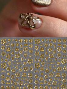 2pcs Gold Flower Pattern Nail Stickers, Holographic Hibiscus Flower 3D Petals & Leaves Sliders For Nail Art DIY, Y2K Style - Gold - View 1