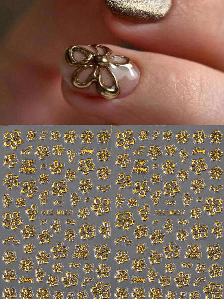 2pcs Gold Flower Pattern Nail Stickers, Holographic Hibiscus Flower 3D Petals & Leaves Sliders For Nail Art DIY, Y2K Style - Gold - View 1