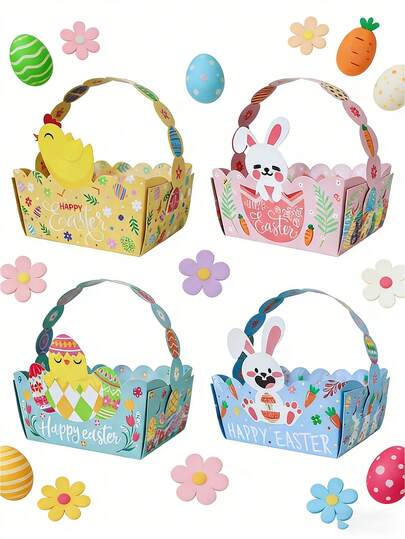 Paper Easter Basket, Easter Candy Box, Party Gift Box With Handle, Egg Container Suitable For Children Egg Hunt, Family, School Party Supplies