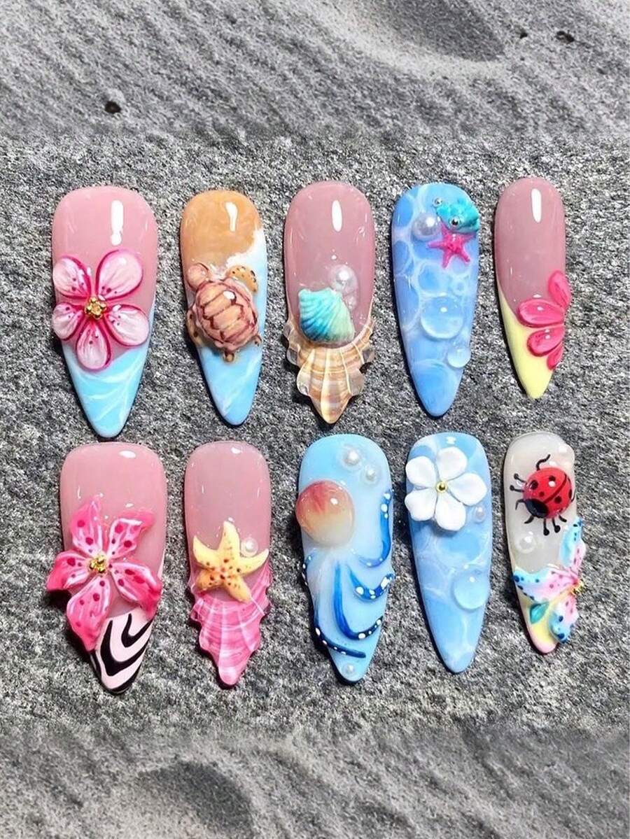 Uñas Acrilicas Para Manos 10-Piece Y2K Style Pointed Nail Sticker Set - Handmade, Pink Nail Art, Handmade 3D Gold Rings, Floral Rings And Rhinestone Rings, Adorned With Sparkling Gold Rhinestones And Gold Heart Patterns - Multicolor - View 1