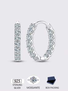 1 Pair Original 925 Sterling Silver Elevate Your Ensemble With These Full-Pave 0.036ct*26 Pieces Moissanite Hoop Earrings, Where Every Curve Glows With Brilliant Round-Cut Crafted In Polished, Tarnish-Resistant Plated Silver, The Seamless Setting Creates A Continuous Cascade Of Light That Catches Every Angle - Silver - View 7