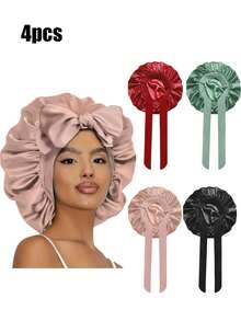 4件装女士缎面睡帽，弹性绑带设计，光滑丝滑，彩色缎面材质，休闲居家日常护发睡帽