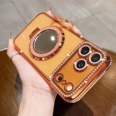 Luxury Shiny Rhinestone Lens Protect Plating Anti-Drop Case With Shiny Glitter Makeup Mirror Ring Holder Bracket Phone Case Compatible With IPhone 17ProMax 17Pro 17 16Promax 15 14 Plus 13 12 Pro Max 11 17Air Galaxy OPPO HONOR REDMI NOTE INFINIX High Quality Shockproof Bumper Back Cover