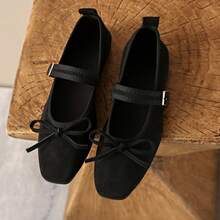 2025款方头加大码芭蕾舞鞋，玛丽珍软底时尚单带乐福鞋，麂皮超百搭舒适搭扣鞋 - 黑色蝴蝶結 - 查看 11