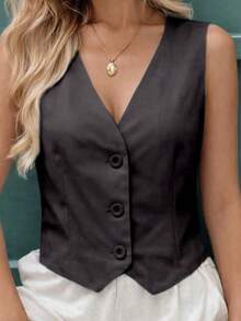 MICHELEE Elegant Women's Vest With V-Neck And Button Closure - Black - View 5