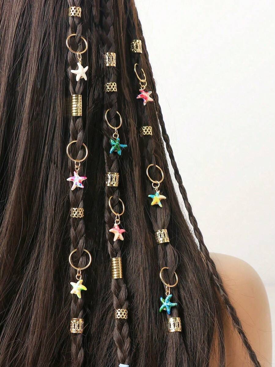 35pcs Gold Starfish Accessories Set, Bohemian Cute Hip-Hop Hair Clips, Headchain, Star & Moon Combo, Ramadan Gift, Summer Beach Party Hair Rings & Braids - Gold - View 1