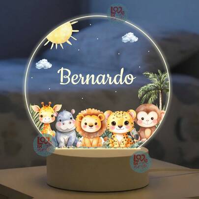 Luminária UV acende Branco Quente - Safari, Selva, Animais, Leão, Zebra, Coqueiro, Tigre, Macaco, Hipopótamo, Presente Decoração Quarto Abajur, Aniversário Criança Chá de Bebê, Floresta, Batizado