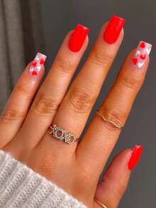 24pcs Square Press Nail Stickers With Advanced Red And White Heart Pattern Design, Suitable For Fake Nails, Including 1 Nail File And 1 Set Of Nail Stickers, Suitable For Women And Girls To Use, Suitable For Nail Decoration During Important Festivals And Gatherings Such As New Year And Valentine'S Day Nail Supplies - Multicolor - View 8