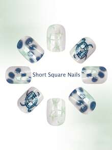 瞬间提升你的美甲造型！24片装短款方形可爱白色海龟图案美甲贴纸。适合时尚达人、职场女性、派对、约会和日常佩戴。美甲贴纸、美甲装饰、必备美甲用品。 - 淺藍色 - 查看 5