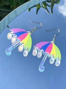 1对彩虹伞形耳环，创意小众亚克力“彩虹伞+闪亮雨滴”设计耳环，可爱治愈风女士时尚耳环 - 彩色 - 查看 4