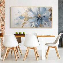 1幅现代简约蓝金花卉海报，抽象花卉画，无框墙面艺术，适用于客厅和卧室，植物家居装饰，独特礼品创意 - 彩色 - 查看 5