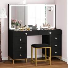 Makeup Vanity Set With 3 Color Lighted Mirror & Charging Station & Stool, Modern Vanity Desk Dressing Table With 9 Drawers & Magnifying Glass For Bedroom For Women Girls,Black - 查看 3