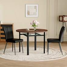 Modern Minimalist Rundes Esstisch-Set (With 2 Black PU-Stühlen), Round Tisch Mit 100 Cm Durchmesser In Holzoptik, Geeignet Für Esszimmer Und Küche. - Brown - View 6