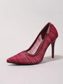 时尚蕾丝拼接高跟鞋，性感尖头超高跟派对婚礼鞋，细跟酒红色女式高跟鞋 - 酒紅色 - 查看 14