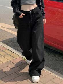 Quần jeans nữ dáng rộng, ống rộng, có túi, màu đen, kiểu dáng thường ngày. - màu đen - Xem 3