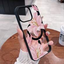 Pink Lilies Magnetic Phone Case Compatible With IPhone 17/17 Promax/17 Pro/Air/16/15/14/13/12 Pro/12/XS Plus Max,  Galaxy Series, Including S25, S22FE, S23, S24, S22PLUS, S23 Ultra, S24 Ultra, Acrylic + TPU Phone Case Features A Fashionable Design,  Compatible With Magsafe Cover - màu đen - Xem 1