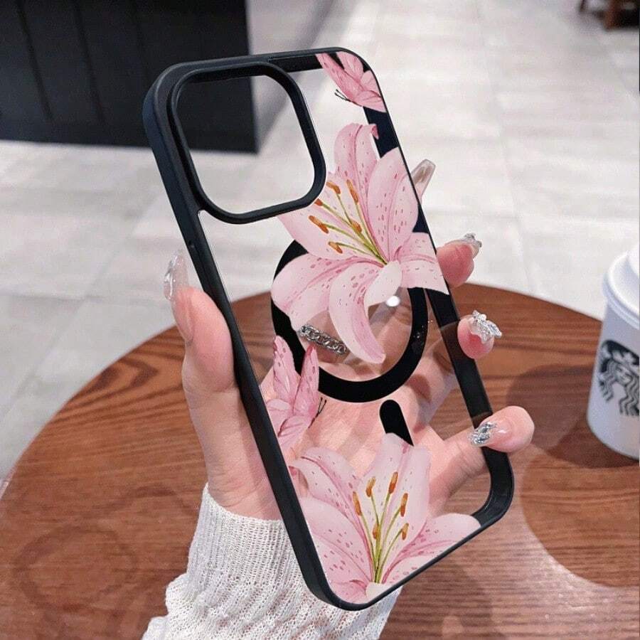 Pink Lilies Magnetic Phone Case Compatible With IPhone 17/17 Promax/17 Pro/Air/16/15/14/13/12 Pro/12/XS Plus Max, Galaxy Series, Including S25, S22FE, S23, S24, S22PLUS, S23 Ultra, S24 Ultra, Acrylic + TPU Phone Case Features A Fashionable Design, Compatible With Magsafe Cover - màu đen - Xem 1