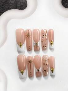 10件套极简法式美甲套装，亚克力压制甲片，闪亮银色贝壳碎片，金色星星美甲装饰，手绘白色法式边缘美甲装饰，手工压制甲片 - 彩色 - 查看 12