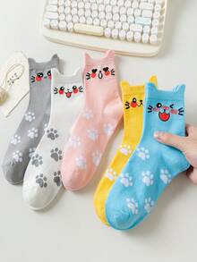 5 Pairs Women Cartoon Cat Ear Mid-Calf Socks, Cute Expression, Fashion Minimalist Classic Casual, Suitable For Daily Wear, Holiday Gift, All Seasons - Multicolor - View 1