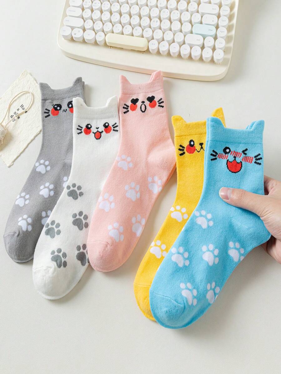 5 Pairs Women Cartoon Cat Ear Mid-Calf Socks, Cute Expression, Fashion Minimalist Classic Casual, Suitable For Daily Wear, Holiday Gift, All Seasons - Multicolor - View 1