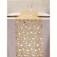 1pc Gold Foil Star Print Table Runner, 11 Inches X 108 Inches, Metallic Polyester Fabric, Suitable For Holidays, Spring, Wedding Tablecloths, Wedding Decorations, Home Decor, Room Decor, Party Favors, Bridal Birthday Decorations, Bachelorette Parties, Home Christmas Gifts, Valentine's Day Decorations. - Nhiều màu - Xem 2