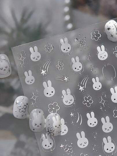 1 pieza Pegatinas de uñas de estilo minimalista moderno, pegatinas de arte de uñas con estampado floral de 5D con estampado en caliente, pegatinas de uñas cortas minimalistas de conejo, pegatinas de uñas con estampado, decoraciones de uñas autoadhesivas de alta gama, regalo ideal para mujeres y niñas
