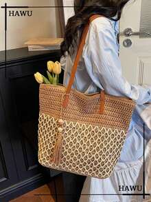 Tasseled Accent Colorblock Tote Bag, Beach Vacation Bag - Khaki - View 2