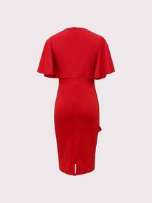 女式优雅复古纯色圆领荷叶边下摆紧身连衣裙，春夏 - 紅色 - 查看 6