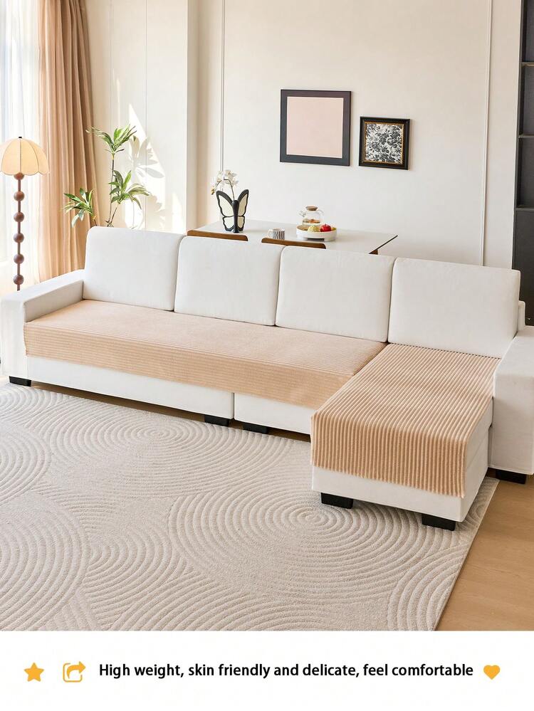 1pc Thick Warm Solid Color Flannel Sofa Cushion, Style Pet-Friendly Anti-Dirty Anti-Slip Sofa Cover, Autumn/Winter Anti-Scratch Sofa Protector Suitable For L-Shaped Combination Sofa And 1/2/3/4 Seat Sofa (Single Piece Sold) - Khaki - View 4