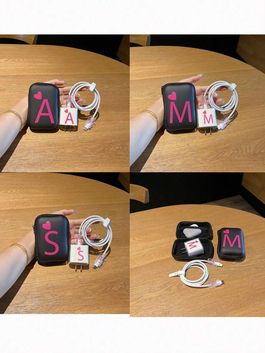 5pcs Charger & Cable Organizer Set (1pc Black Cable Organizer Bag, 1pc Charger Protector Case, 2pcs Cable Savers, 1pc White Cable Tie) With UV Printed Pink Heart & 26 Letters Pattern, Suitable Compatible With Apple 20W Fast Charger - Multicolor - View 1