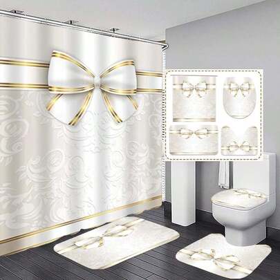 1pc/4pcs Platinum Bow Bathroom Curtain & Mat Set, With 12 Hooks, Polyester Fabric Shower Curtain, Non-Slip Bath Mat, U-Shaped Toilet Mat, Toilet Seat Cover, Bathroom Divider, Decorative Accessories, Modern Home Room Decor, Hanging Curtain