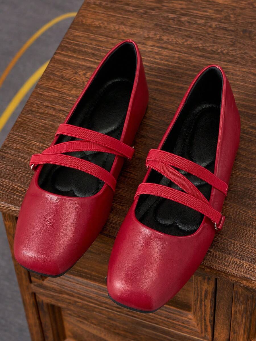 Women's Fashion Square Toe Red Slip-On Shoes, Suitable For Commuting, Office, Party, Date, Wedding, New Year, Casual Versatile Shoes, Elegant Mary Jane Shoes - Red - View 1