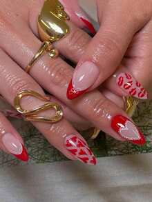 24片红色和粉色美甲贴片，尖头假指甲，心形和嘴唇图案，情人节风格，持久粘性，约会之夜和浪漫装扮的完美之选，易于粘贴 - 紅色 - 查看 8