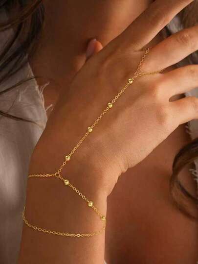 2pcs Stainless Steel Hand Chain & Hand Back Chain Set, Fashion Minimalist O-Shape Link Bracelet & Finger Chain, Lightweight Luxury Niche Style Multi-Layer Hand Accessories Suitable For Girls & Women (Bead Quantity Random)