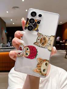 1pc Strawberry Floral Bandana, Cat Pattern Transparent Soft TPU Shockproof Anti-Scratch Anti-Fingerprint Phone Case, Camera Lens Protection Compatible With Samsung, Nothing, Pixel, INFINIX, Redmi - Multicolor - View 3