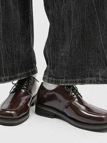 男士方头婚礼新郎休闲通勤商务正式德比系带皮鞋 - 棕色 - 查看 5