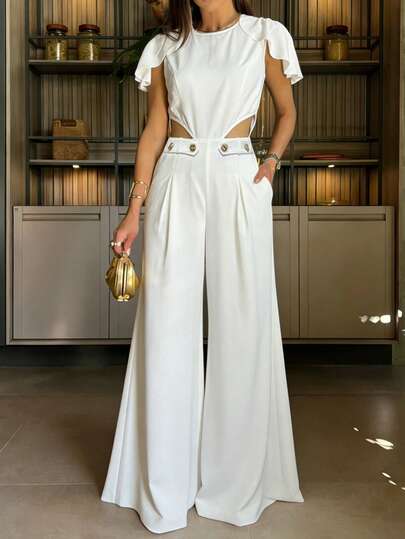 Bộ jumpsuit nữ màu trơn, kiểu dáng thường ngày, có khóa kéo eo, xếp ly và cúc kim loại, phù hợp cho kỳ nghỉ và công sở.