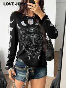 LOVE JOYY Women's Mysterious Moon Phase Moth Print Crew Neck Long Sleeve T-Shirt, Black Top Suitable For Casual Wear And Holidays In Spring - Multicolor - View 2