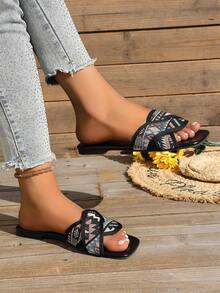 Captivating Slippers, Contrasting Colors Attract Attention, Woven Strap & Square Toe Design, Flattering Silhouette, Soft & Comfortable, Suitable For Outdoor & Indoor Wear, Unlock Summer Vibes - Black - View 4