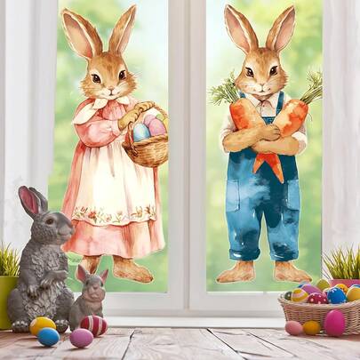 1/2 buc Autocolante decorative pentru ferestre cu tematică de primăvară, iepuri de desene animate, ouă colorate, morcovi, adezive reutilizabile pentru fereastră, uși glisante, decorațiuni pentru petreceri de sărbători