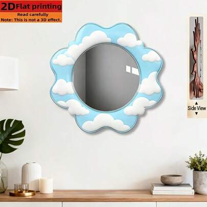 Creative Blue Sky & White Cloud Asymmetrical Wooden Frame, Fashionable Acrylic Round Mirror Wall Decor - Suitable For Home Living Room, Bedroom, Studio, Patio Wall, No Power Supply Needed, Ideal For Wedding, Christmas, Valentine's Day, Thanksgiving And Other Holiday Gifts And Decorations. Please Peel Off The Protective Film On The Front Before Use.