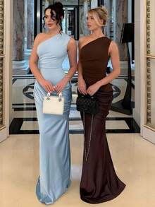 2026 FW New Arrival Women's Elegant Slim Dress - European American Backless One-Shoulder Ruched Sleeveless Cocktail Dress - 藍色 - 查看 4