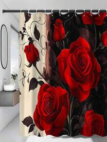 1/3/4 Pcs Red Rose Pattern Bathroom Set, Waterproof Knitted Polyester Curtain With Grommets, Machine Washable, Artistic Theme, Includes Toilet Lid Cover And Bath Mat, 72x72 Inches, With 12 Hooks - Multicolor - View 23